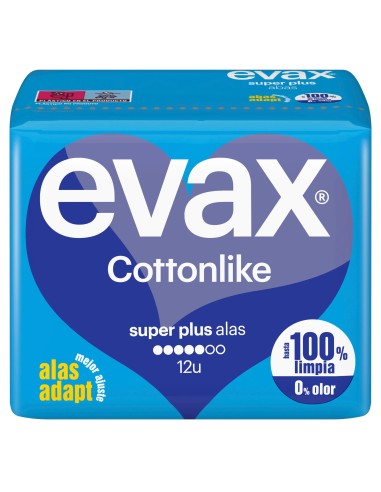 Evax Cottonlike Compresas Super Plus Con Alas, 12 unidades